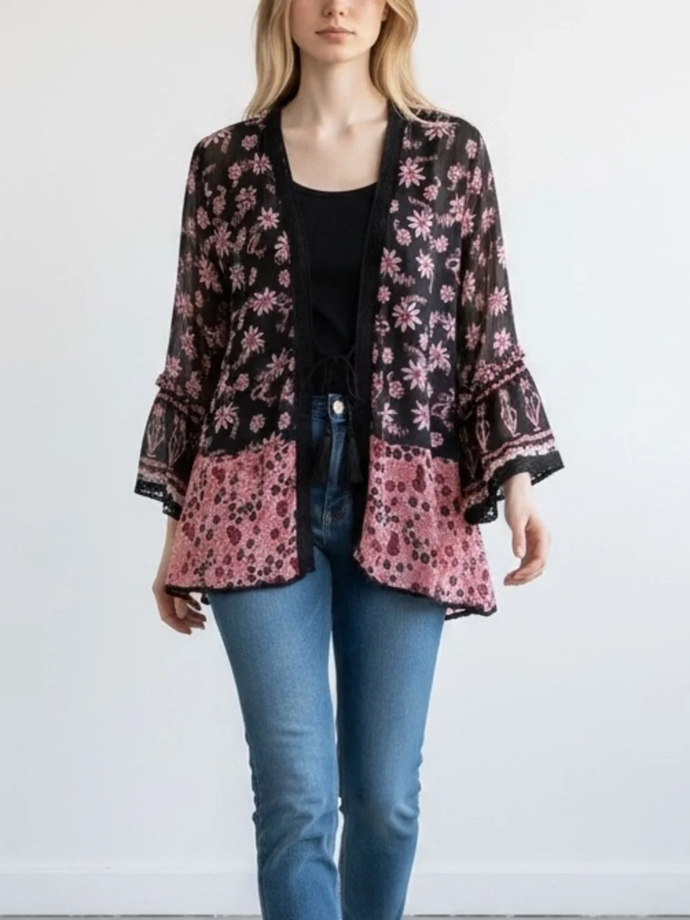 NEW Free People Lola Mixed Print Kimono Black Floral Sz M